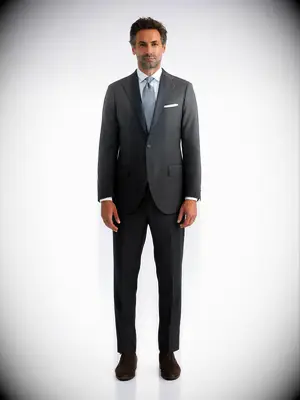 Charcoal grey suit with dark brown shoes