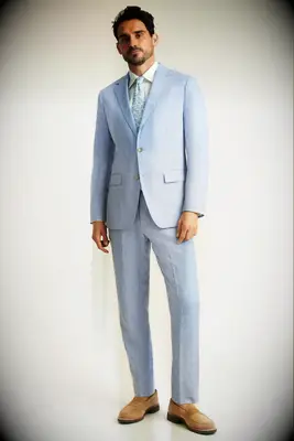 Light blue suit with light brown shoes