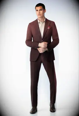 Burgundy suit with brown shoes