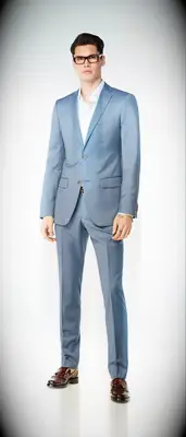Indochino light blue suit with dark brown shoes