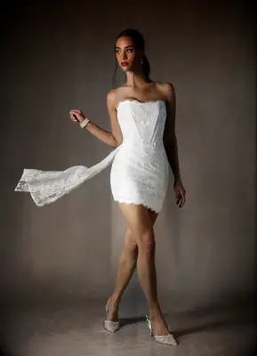 Azazie strapless lace mini wedding dress