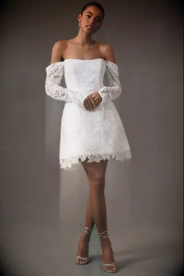 Anne Barge lace off-shoulder mini wedding dress