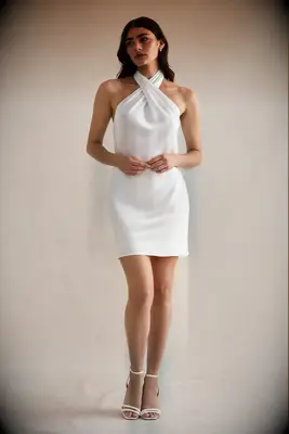 Birdy Grey halter neck satin mini wedding dress