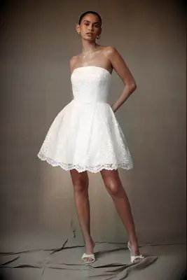 Meshki off-shoulder lace mini wedding dress