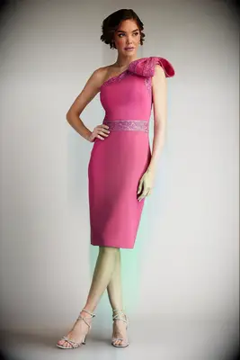 Tadashi Shoji pink bow-shoulder mini wedding guest dress