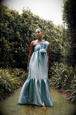 Blue bow front inexpensive bridesmaid dress from Petal & Pup