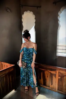 12th Tribe blue floral mesh anniversary dress