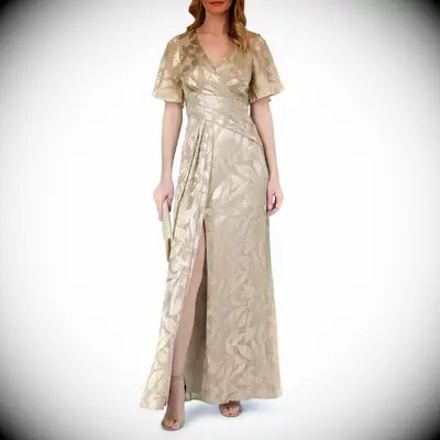Adrianna Papell gold jacquard anniversary dress
