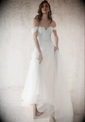 sequin beaded bodice with off the shoulder straps and tulle skirt