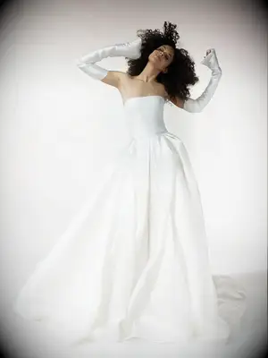 pleated strapless ball gown with detachable gloves