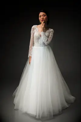 long sleeve lace v-neck bodice and full tulle skirt