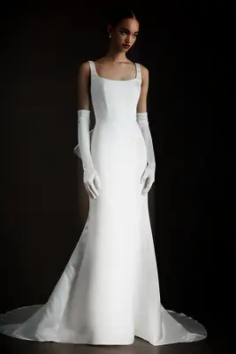 fit and flare dress with square neckline and gloves