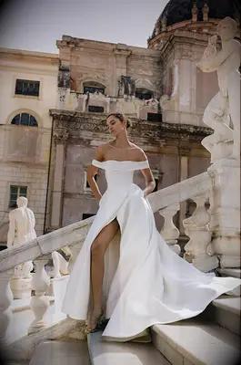 off the shoulder gown with high slit