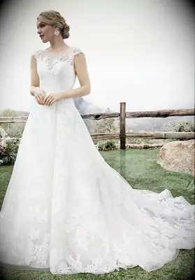 lace and tulle full length dress with illusion neckline
