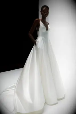 satin a-line gown with illusion cutouts and v neck