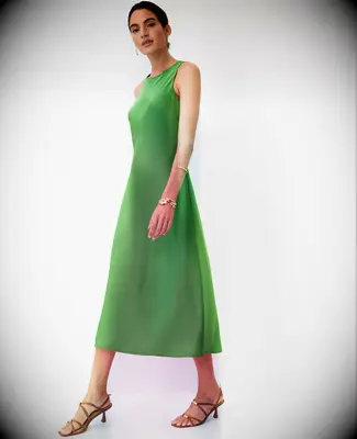 Green sleeveless petite midi slip dress for wedding guest