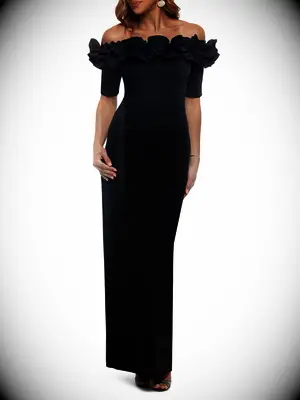 Ruffle off-the-shoulder full-length black dress