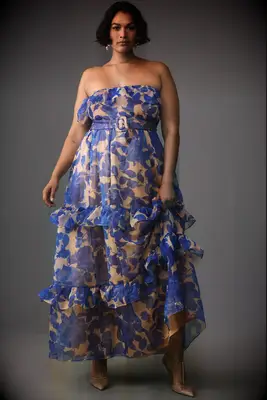 Strapless blue floral petite wedding guest dress