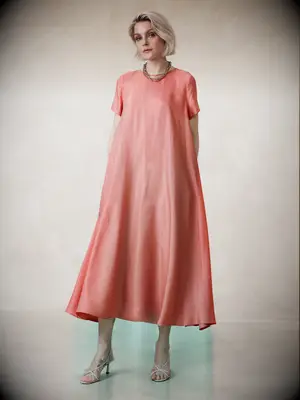 Coral short-sleeve petite trapeze maxi dress with pockets