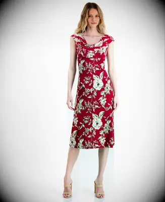 Red floral drape-neck petite wedding guest dress