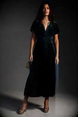 Green velvet petite wedding guest dress