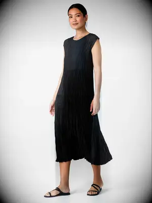Eileen Fisher pleated black midi petite wedding guest dress