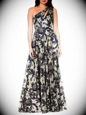 Metallic gold and navy petite wedding guest gown