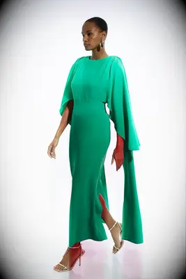 Petite cape-detail wedding guest dress in green