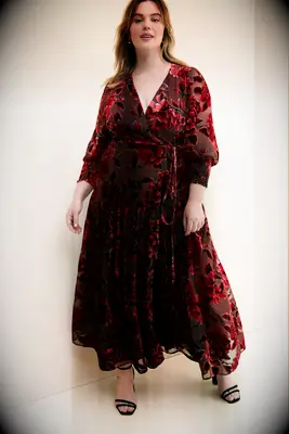 Floral velvet long-sleeve petite wrap dress for wedding guest