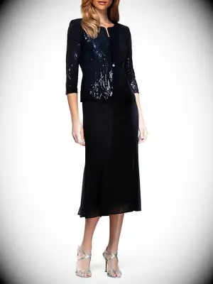 Navy midi dress with matching sequin jacket