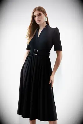 Belted notch collar dress with short sleeves and pleats