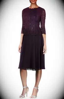 Faux two-piece petite wedding guest dress in purple