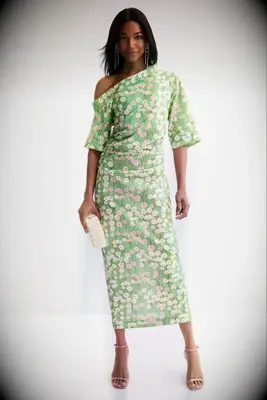 Green floral affordable wedding guest dress from Rent the Runway