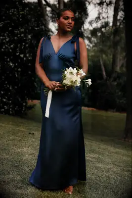 Navy blue bow shoulder dress from Petal & Pup