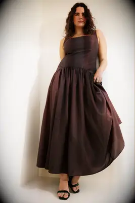 Brown drop waist affordable wedding guest gown from Nuuly