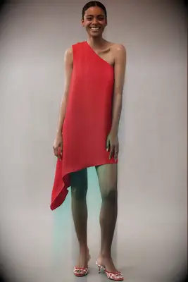 Red one shoulder mini affordable wedding guest dress from Anthropologie