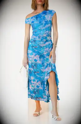 Printed ruched off the shoulder affordable wedding guest dress