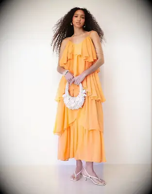 Orange tiered maxi affordable wedding guest dress 