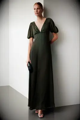 Olive puff sleeve affordable maxi wedding guest dress from Rent the Runway