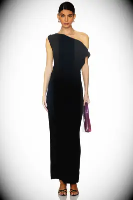 Black off the shoulder affordable maxi wedding guest dress from REVOLVE