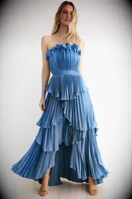 Blue tiered strapless maxi affordable wedding guest dress