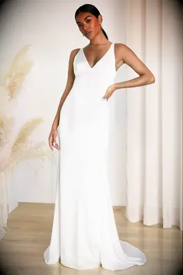 White tailored plunge neck wedding dress
