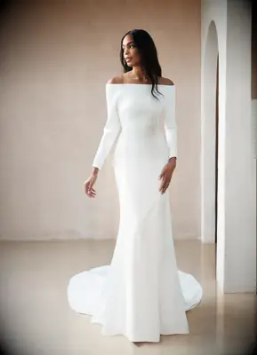 Off the shoulder long-sleeve wedding dress