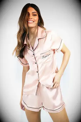 Silk short pj set with bride squad embroidery 