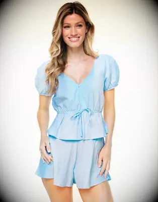 Blue puffed shoulder top and short pj set