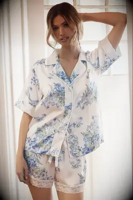 White and blue floral short pjs