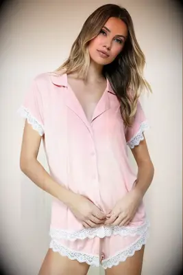 Pink short pj set with lace trim