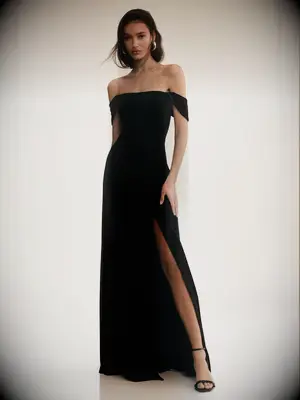 Black off-the-shoulder velvet gown for outdoor wedding