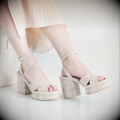 Floral eyelet chunky block heels for outdoor wedding