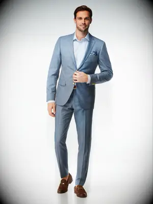 Medium blue wool linen suit for outdoor wedding